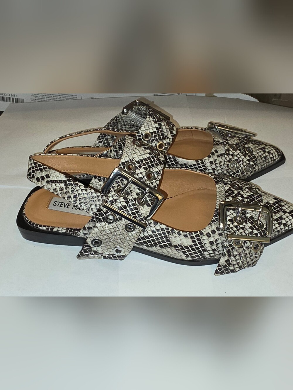 Steve Madden Snake-Print Buckle Slingback Flats in Black & Cream